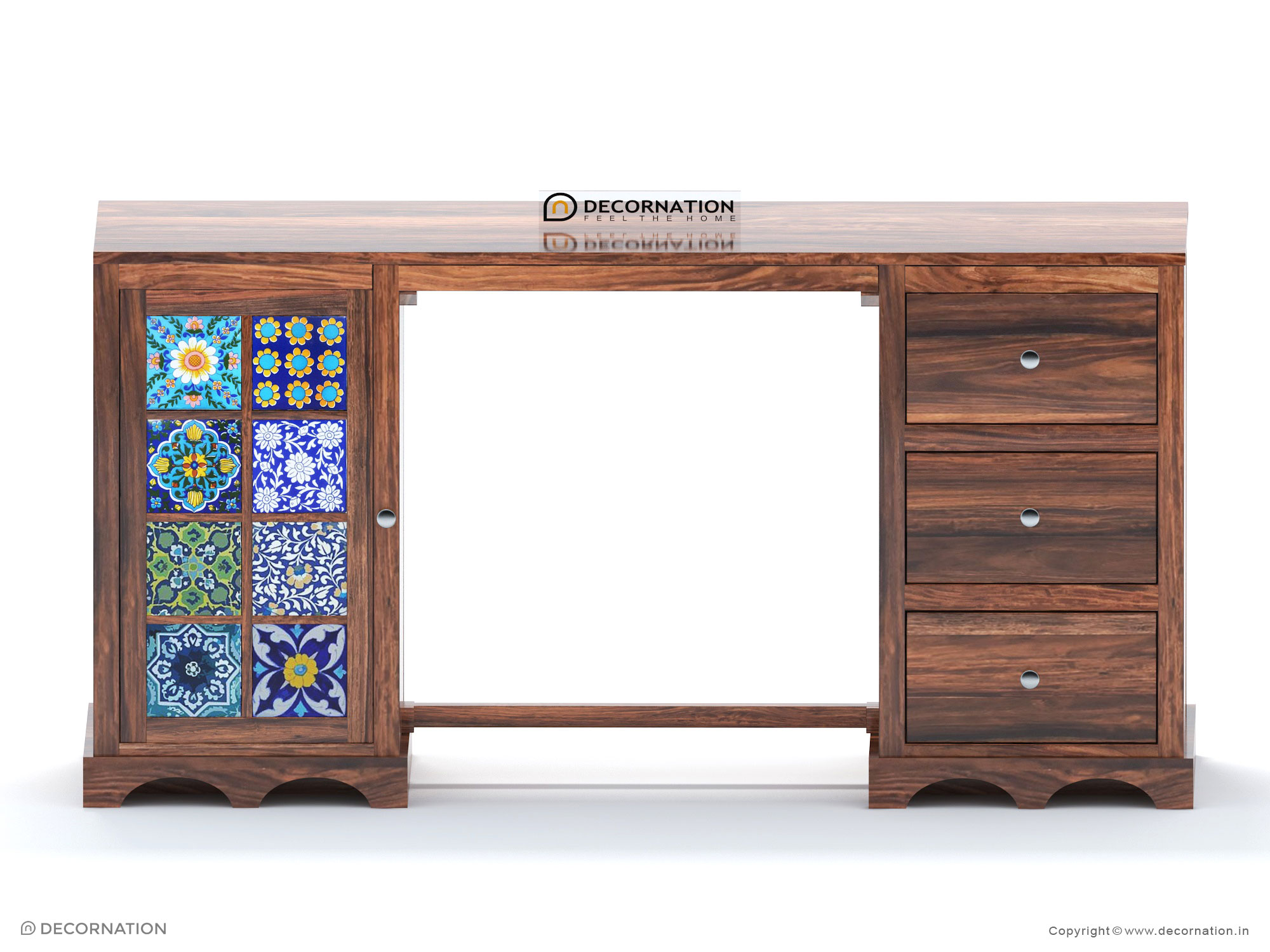 Arwen writing desk in walnut finish — top view displaying spacious work surface and decorative tile door.