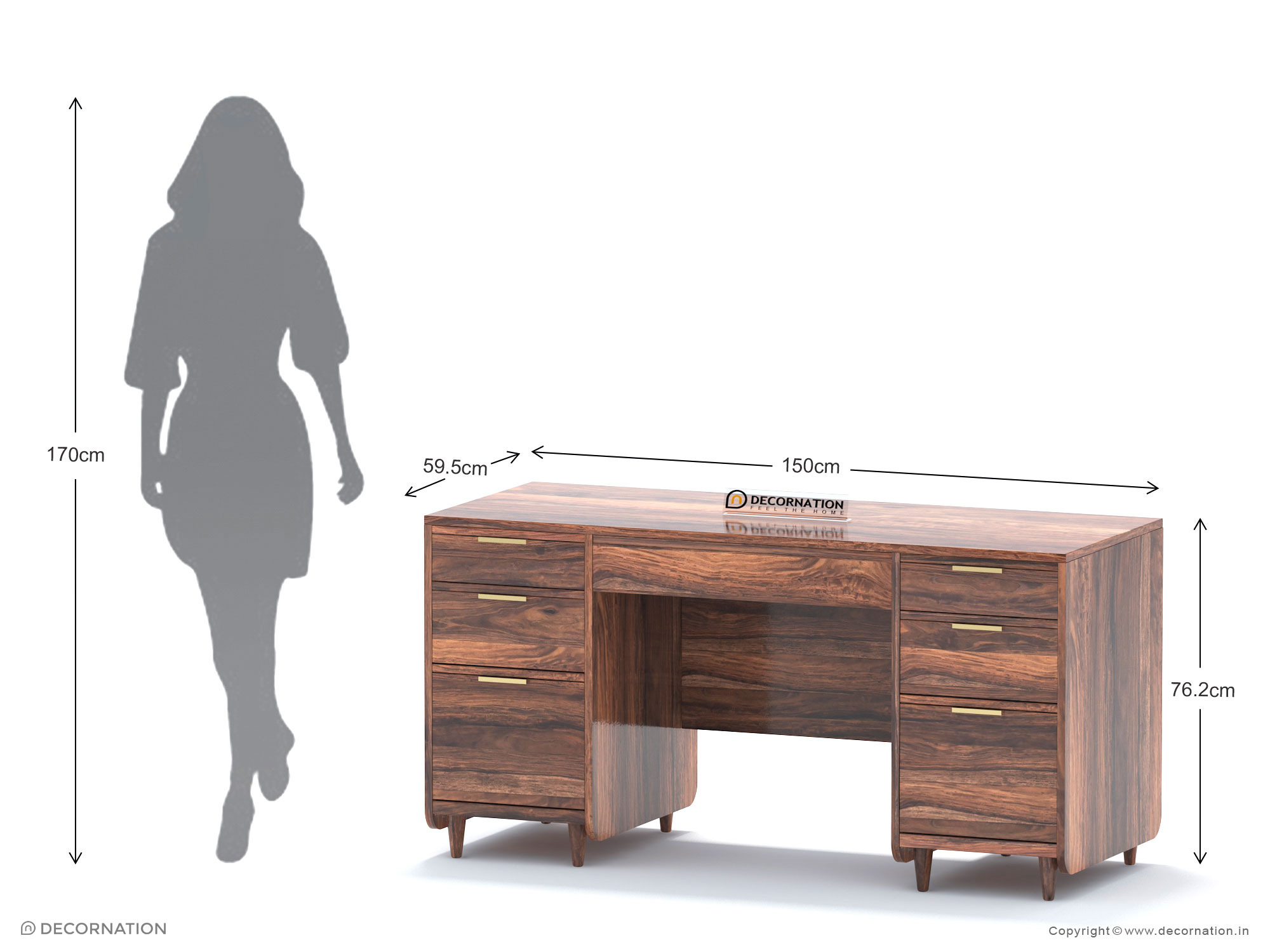 Halina Solid Sheesham Wood Executive Desk with Six Drawers - Walnut Semi-Gloss - Image 4