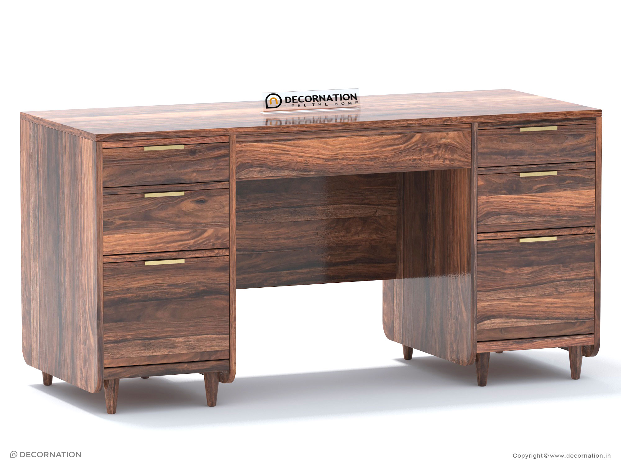 Sheesham wood executive desk with semi-gloss finish and metal handles — side view