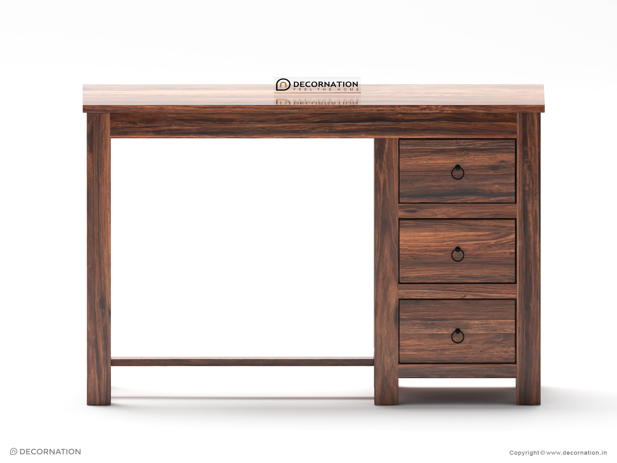 Sheesham wood desk featuring metal handles and a matte finish — side view