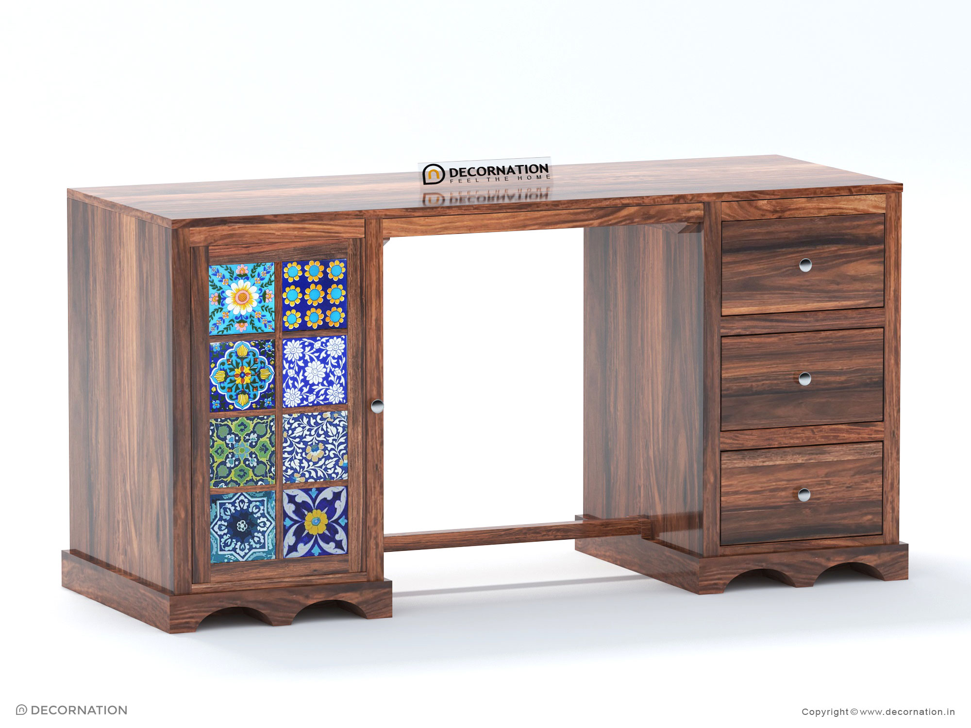 Sheesham wood desk with matte finish — side view highlighting 22-inch depth and metal handle drawers.