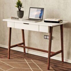 MDF top study table with solid wood legs in matte white finish — front view of Zane Wooden Study Table