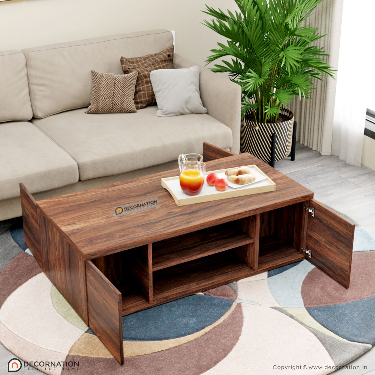 Sirius Solid Wood Coffee Table With 4 Door Storage & Shelf Decornation