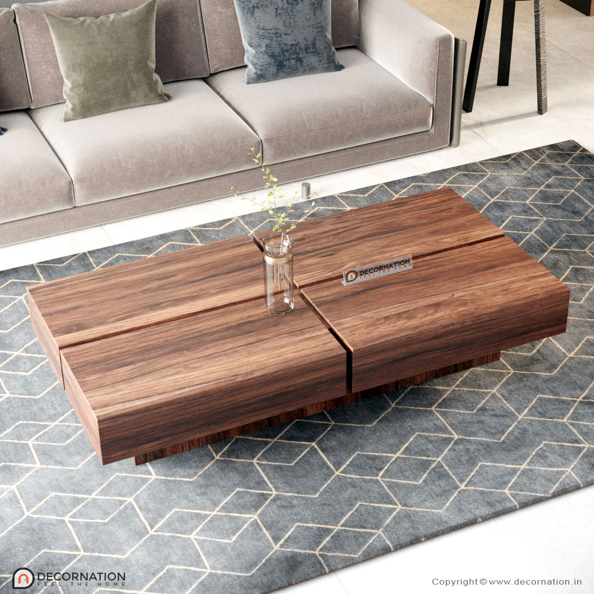 Contemporary sheesham coffee table — side view highlighting geometric structure