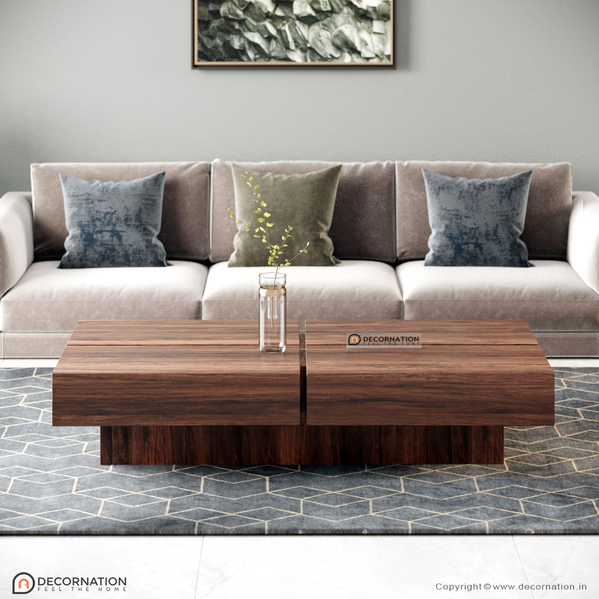 Aster wooden coffee table in a living room setting — top view showing natural wood grain