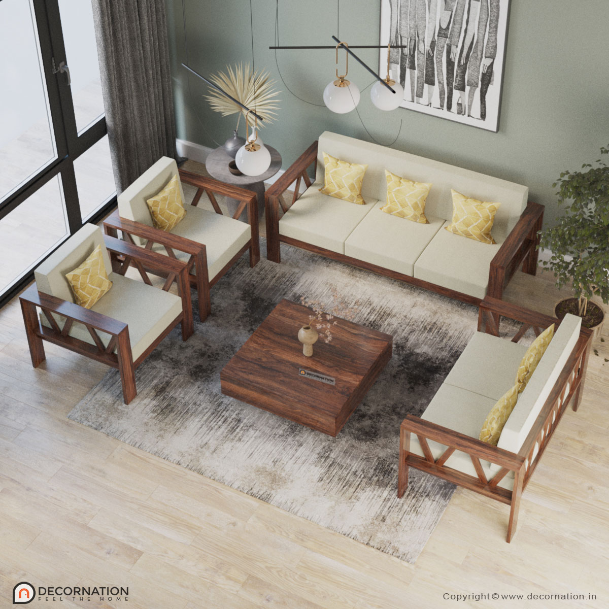 Livia Solid Wood 7 Seater Livingroom, Sofa Set 7 Seater Design Wooden Floor
