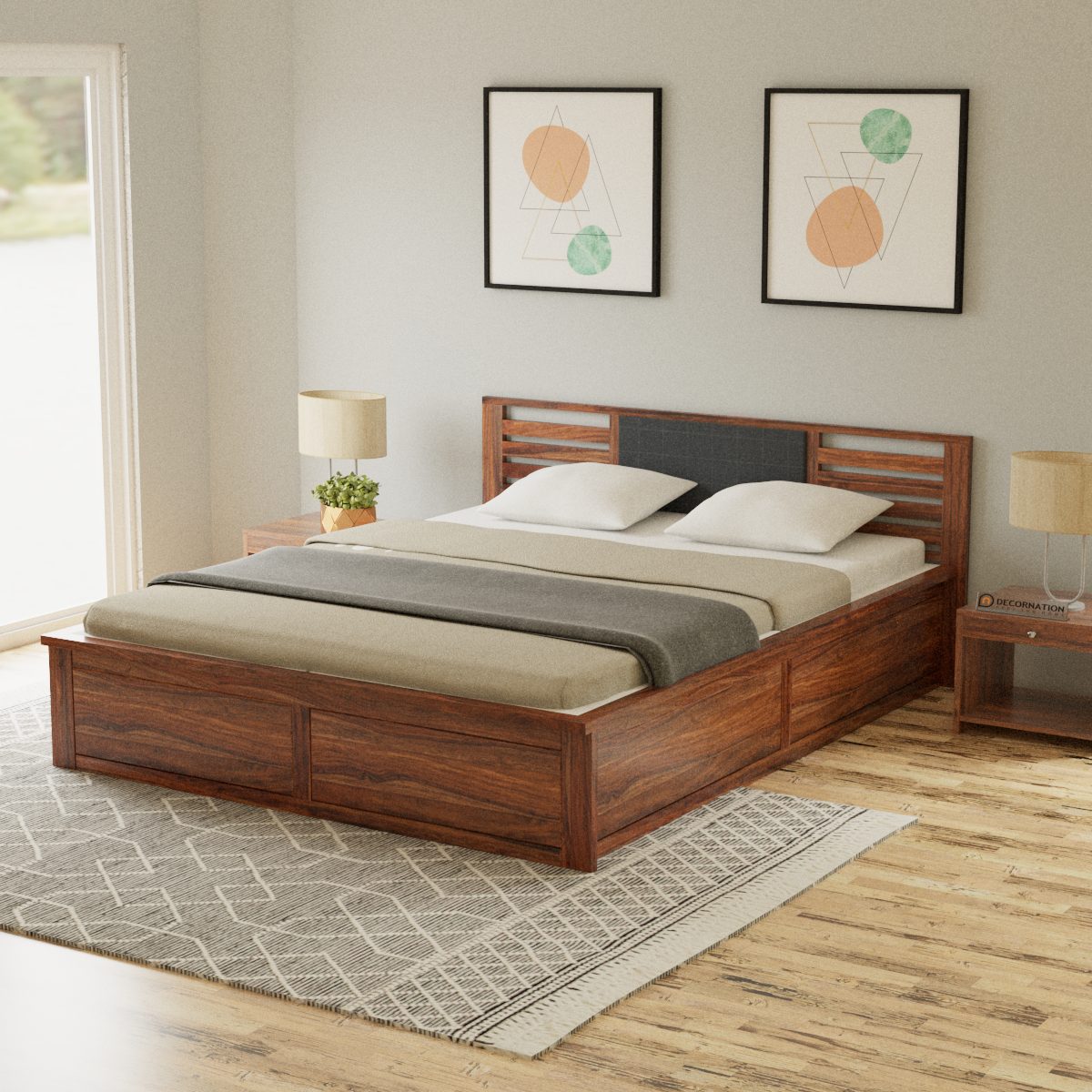 Ezra Sheesham Wood Queen Size Bed With Cushioned Headboard & Storage