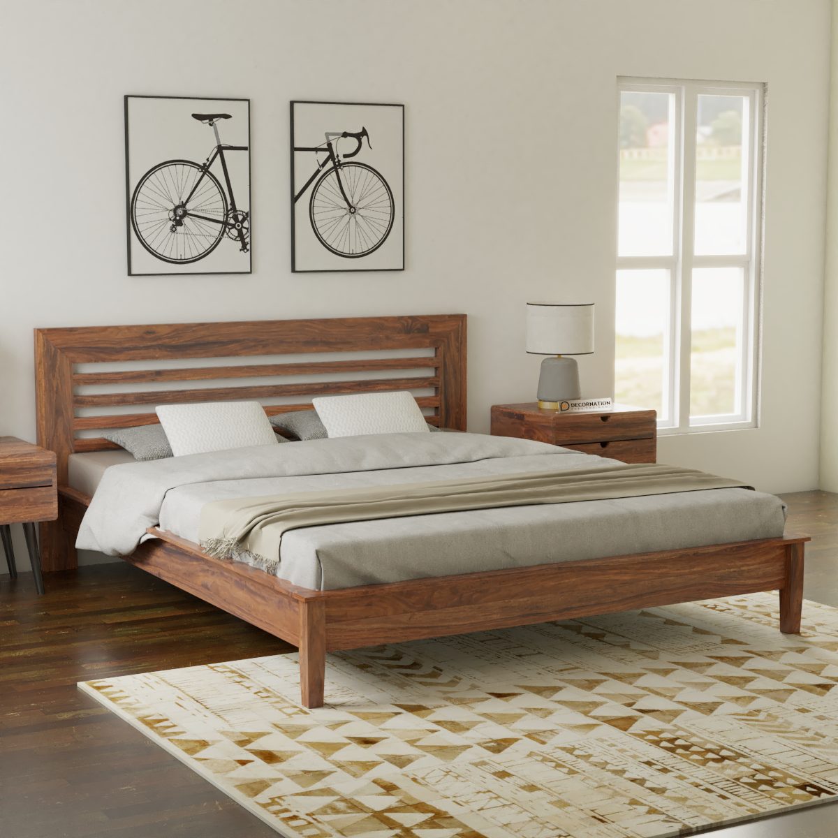 Queen size bed with natural matte finish in contemporary bedroom setting — front view