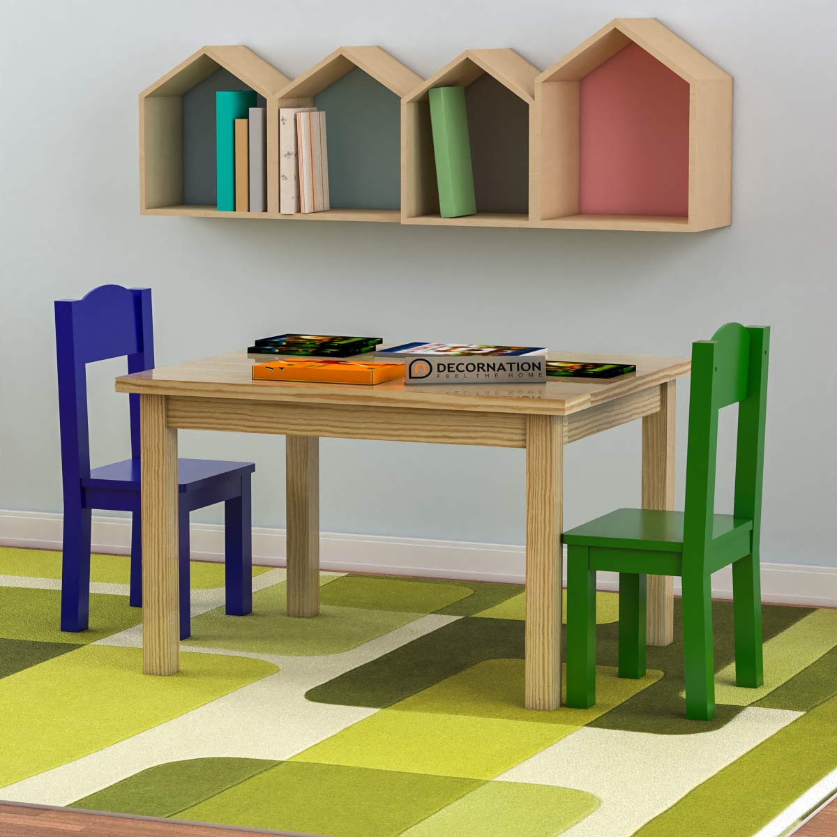 Judith Wood Table & Chairs (Kids Furniture) – 2 Seater, Blue & Green