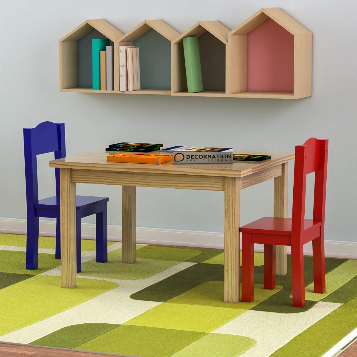 Judith Wood Table & Chairs (Kids Furniture) – 2 Seater, Blue & Red