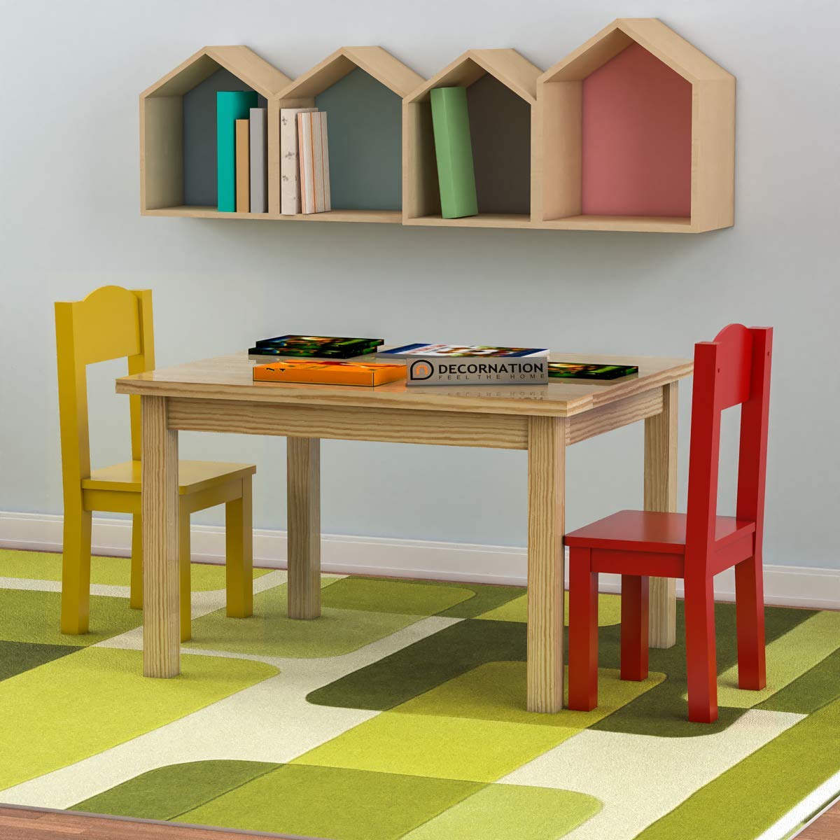 Judith Wood Table & Chairs (Kids Furniture) – 2 Seater, Red & Yellow
