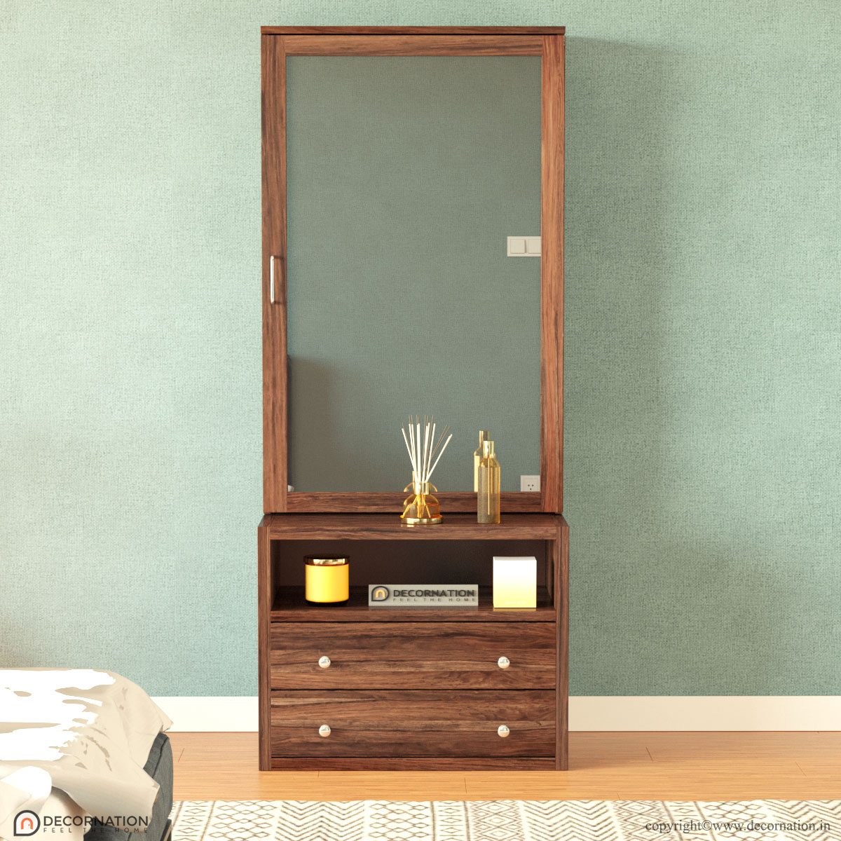 Contemporary dressing table with metal handles and smooth drawer glides — detailed view
