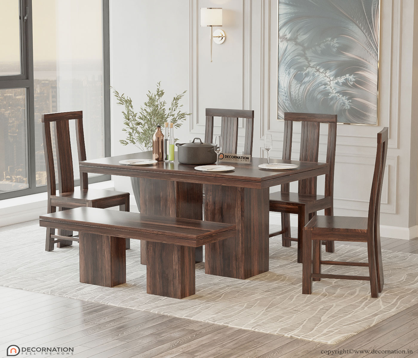 Nyla Solid Wood 6 Seater Dining Table Set - Decornation