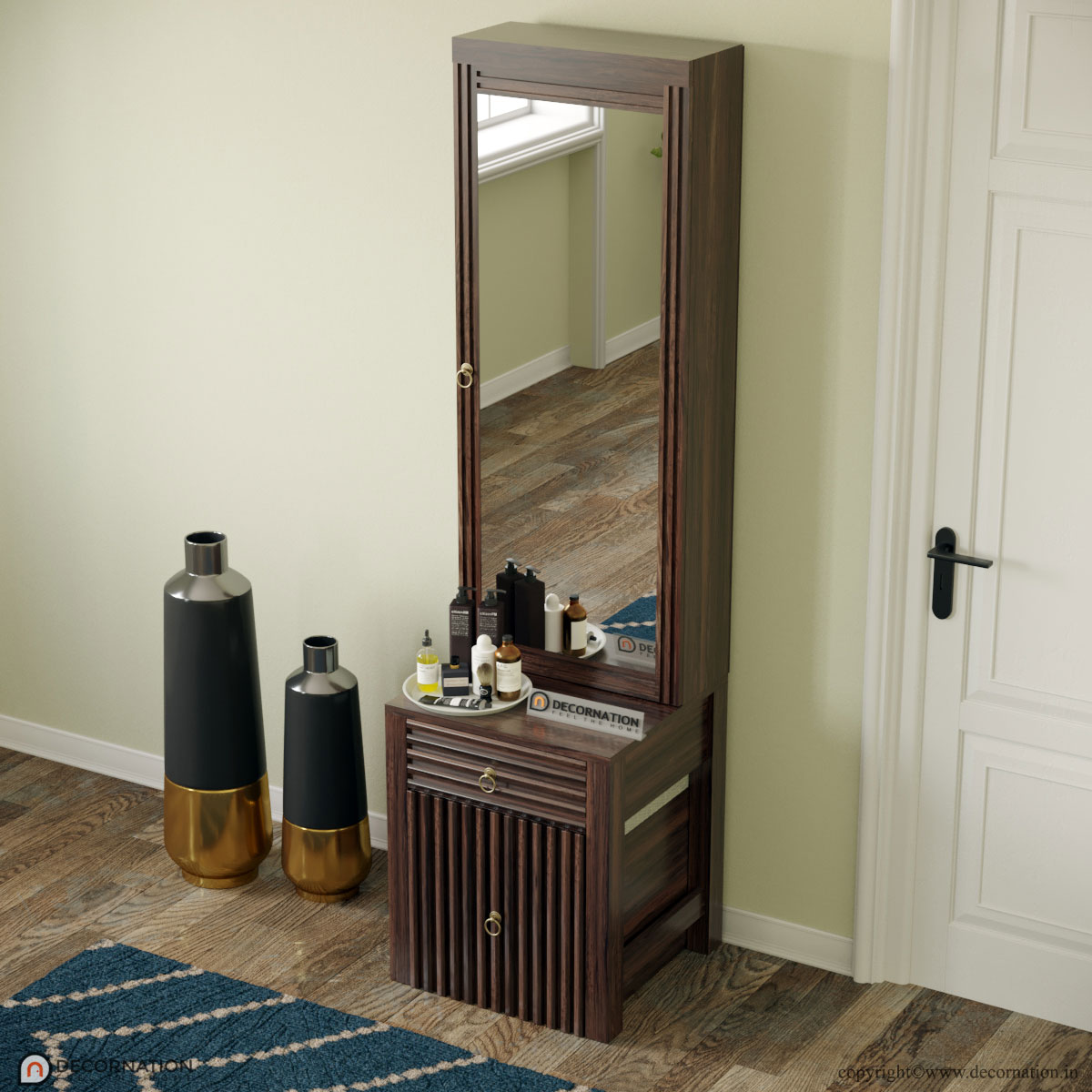 Sheesham wood dressing table showing storage compartments and open shelves — close-up