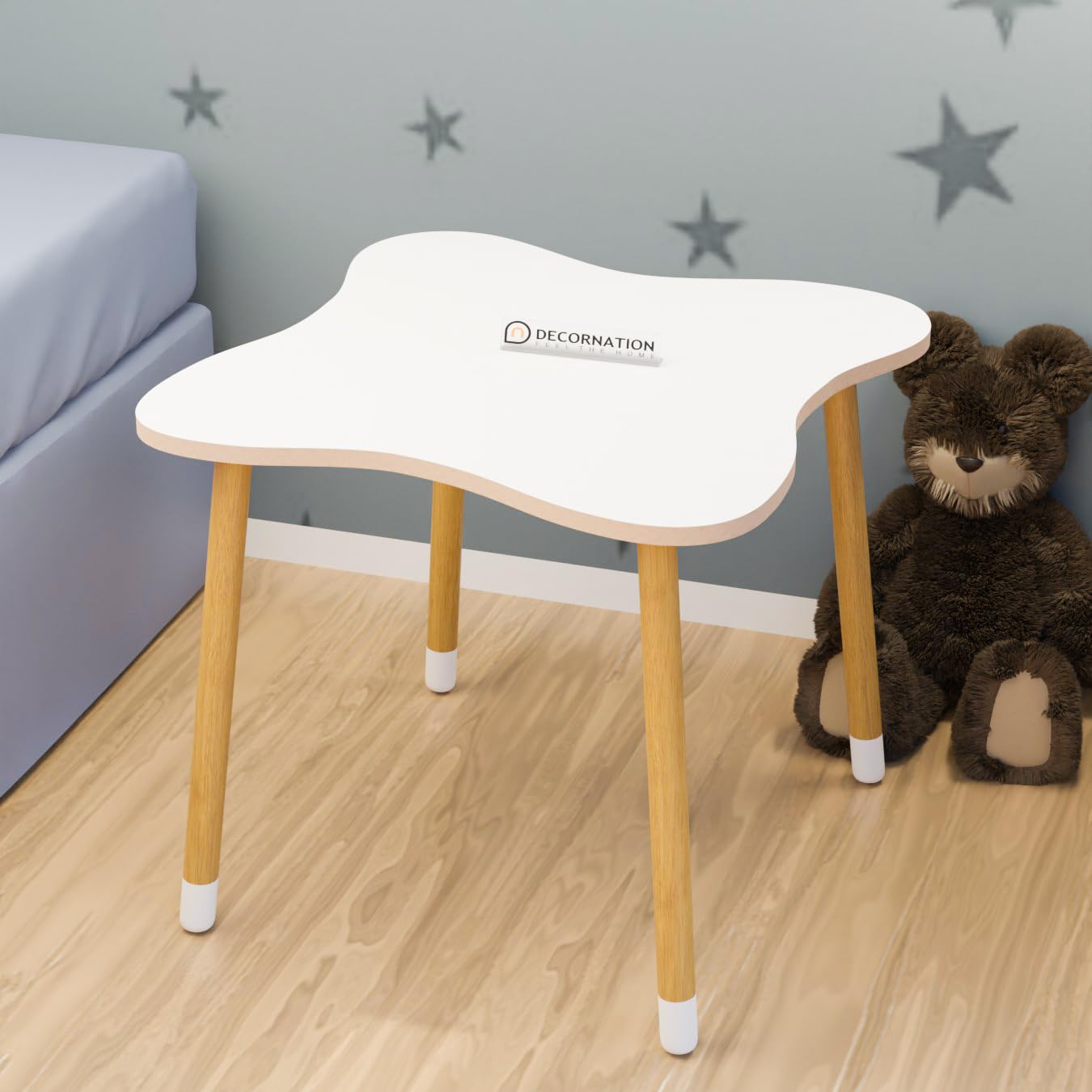 DecorNation kids study table with 4 chairs in playful design — side view