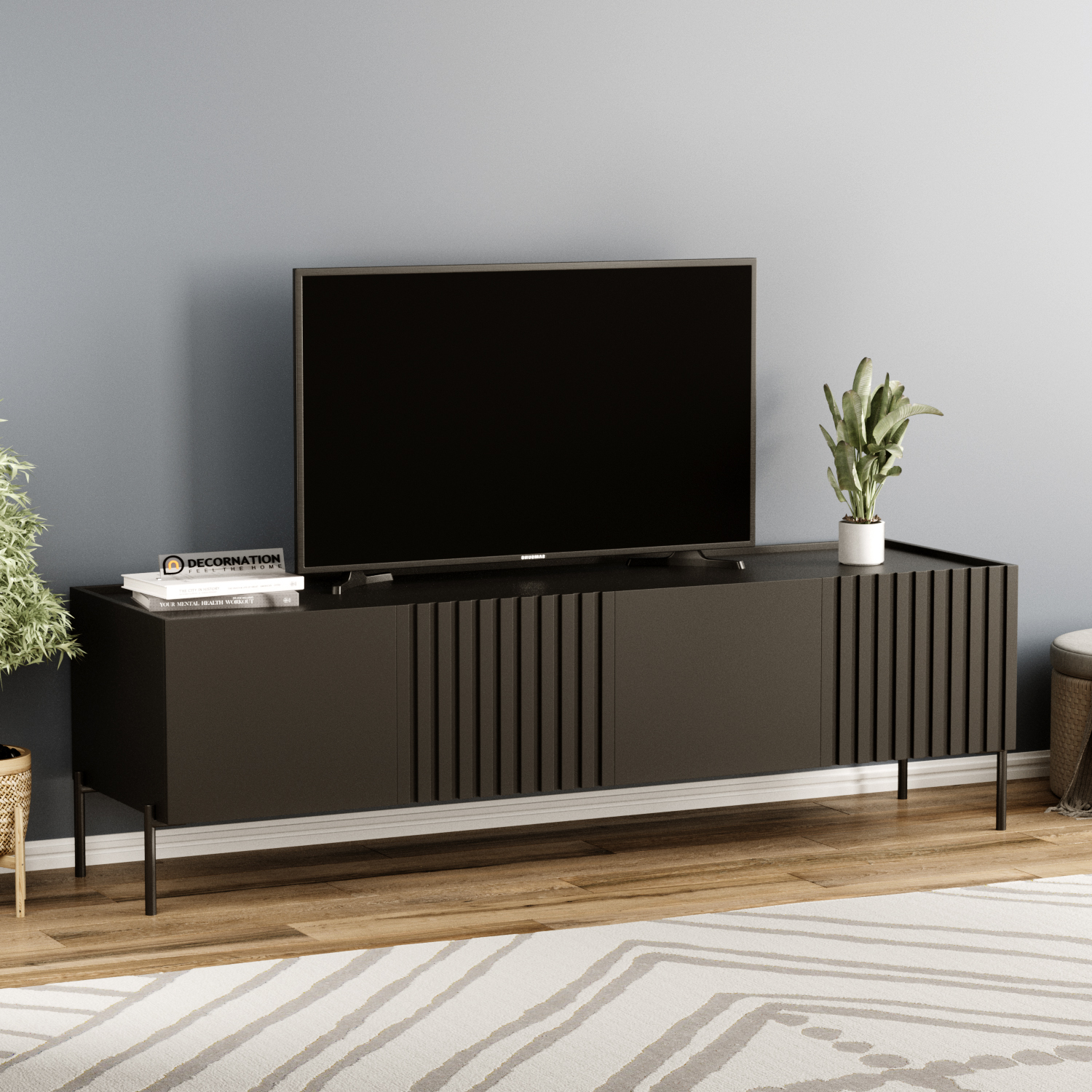 Zenith Wooden TV Unit — Matte Black Finish with Metal Legs
