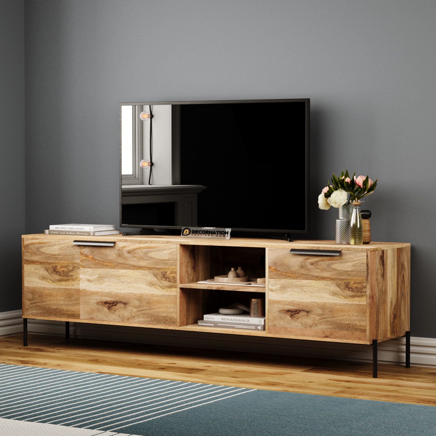 Alvik Solid Mango Wood TV Unit — Natural Finish