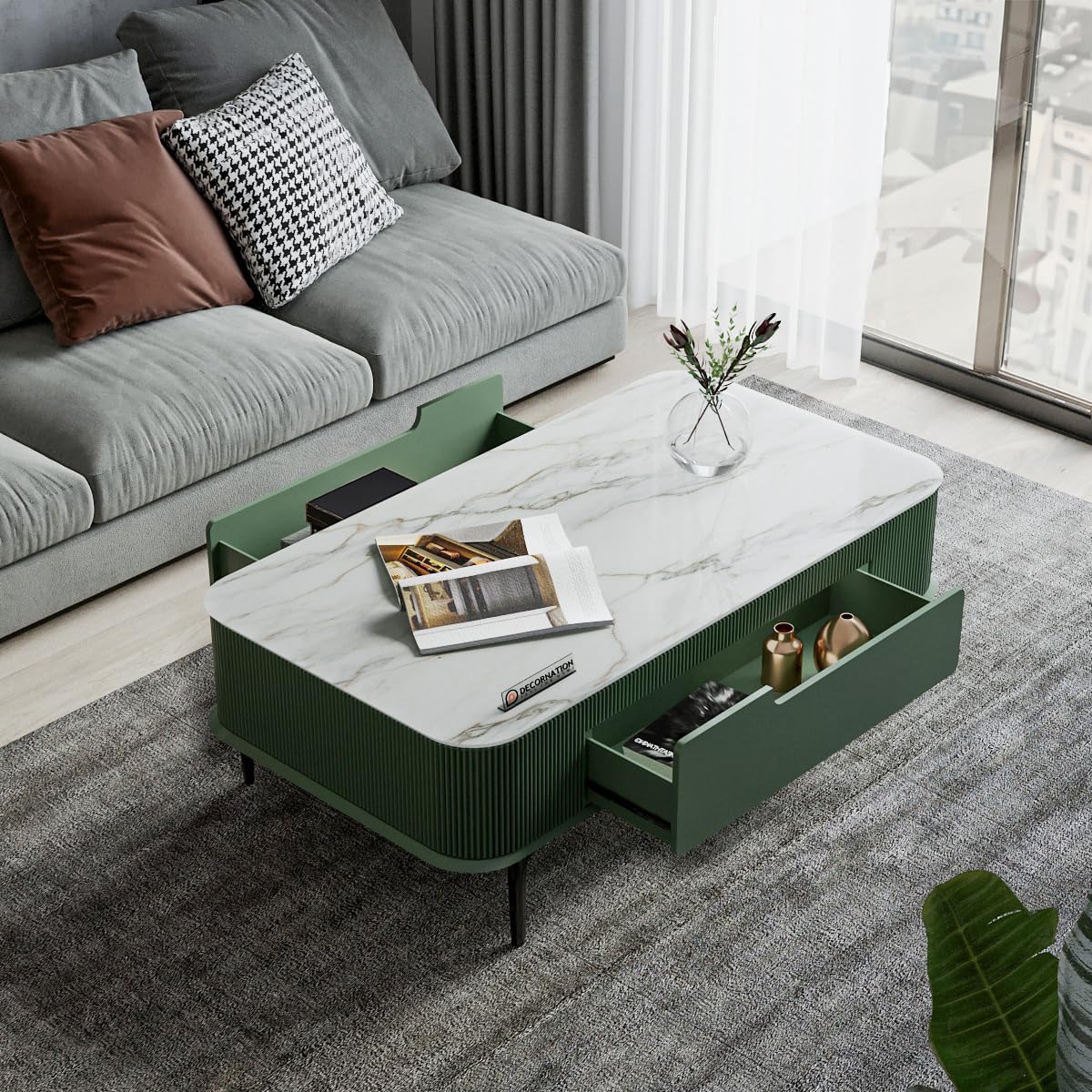 Valencia Faux Marble Coffee Table — Blush Coral Finish – Eucalyptus Mist, 48*26*16 Inches (LxBxH)