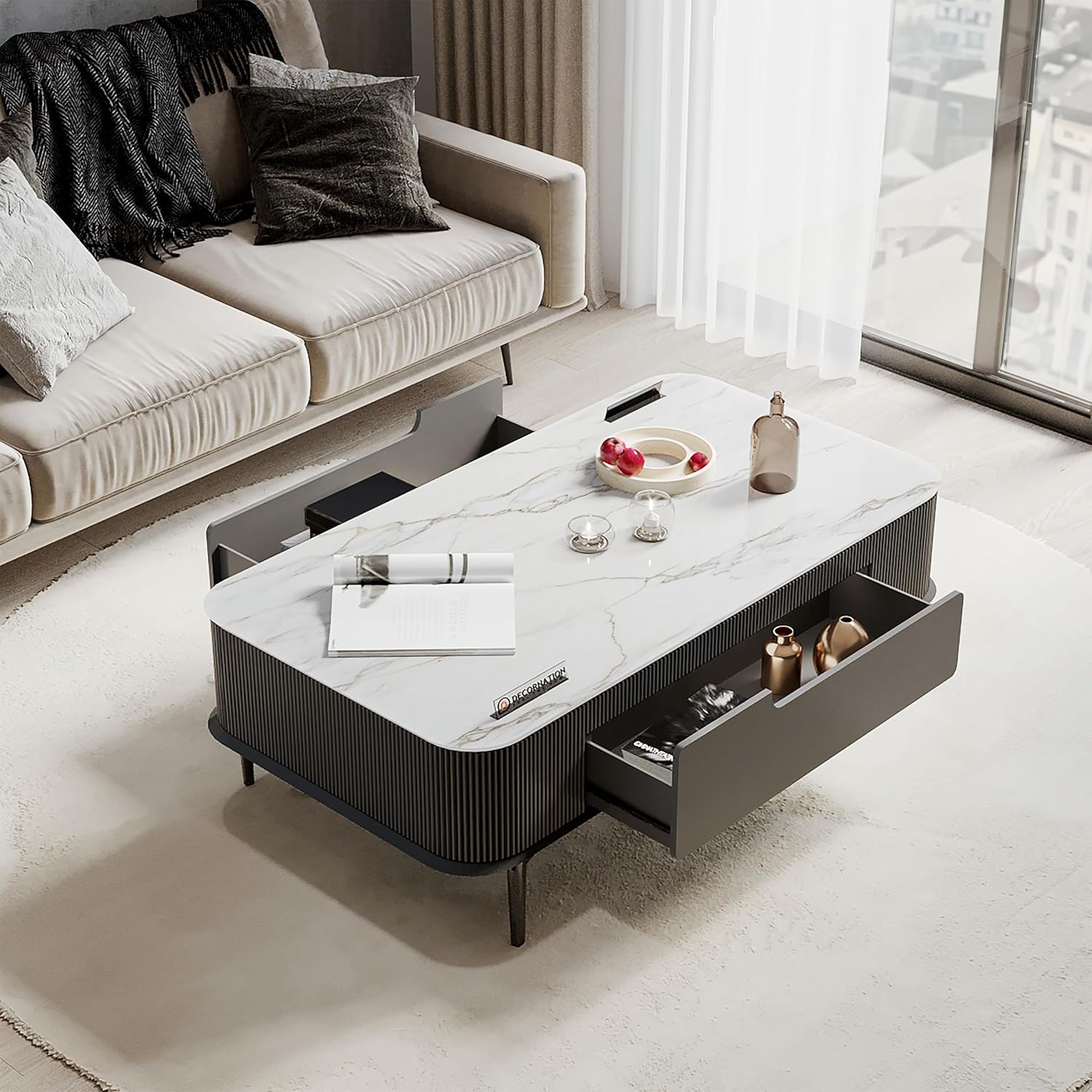 Valencia Faux Marble Coffee Table — Blush Coral Finish – Graphite Grey, 48*26*16 Inches (LxBxH)